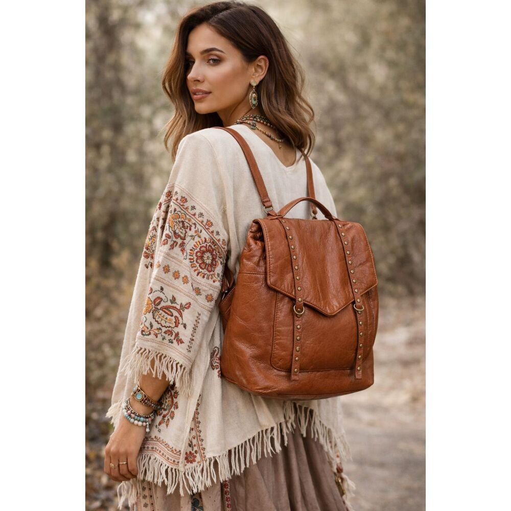Lucky Brand Group Vamp Cognac Brown Soft Leather Utility Messenger Backpack